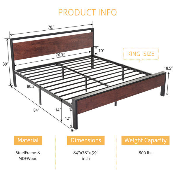 Metal Platform Bed Frame with Wooden Headboard and Footboard