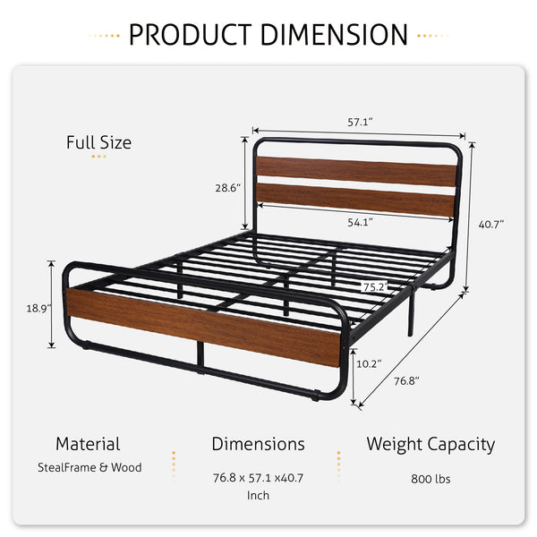 Metal Bed Frame with Wooden Headboard & Footboard,