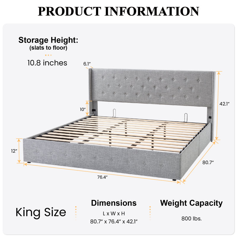 Upholstered Stoage Bed Frame with Lift Up Storage, Wingback Headboard Design