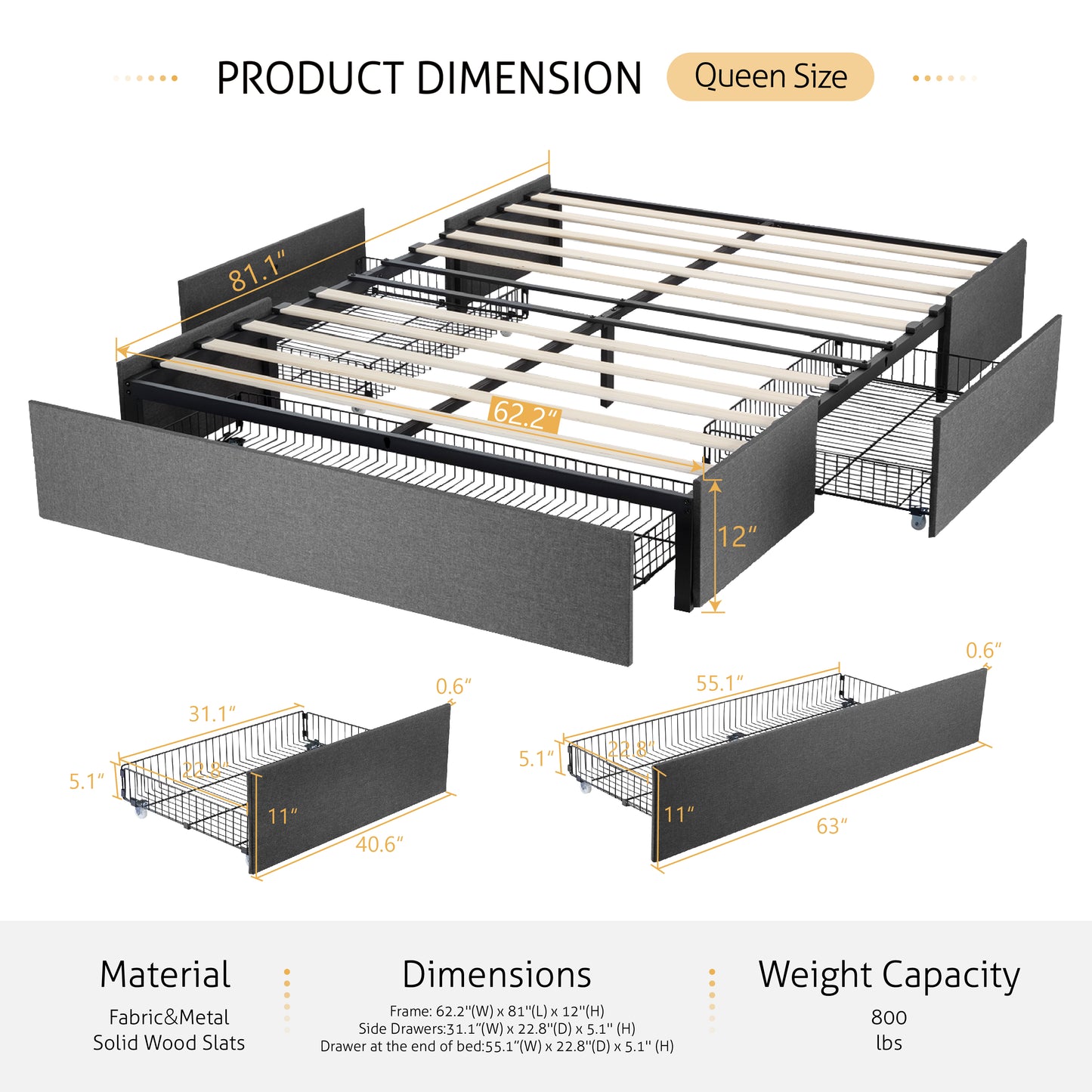 Upholstered Bed Frame with 3 Storage Drawers