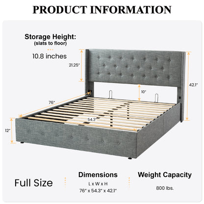 Upholstered Stoage Bed Frame with Lift Up Storage, Wingback Headboard Design