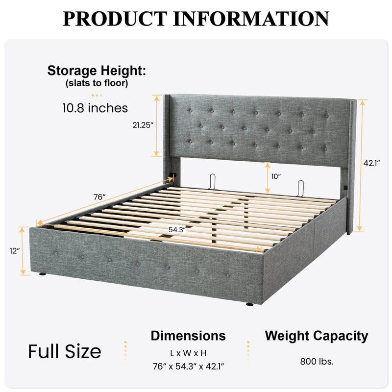 Upholstered Stoage Bed Frame with Lift Up Storage, Wingback Headboard Design