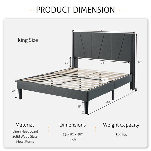 Upholstered Linen Platform Bed Frame with Geometric Wingback Headboard ...