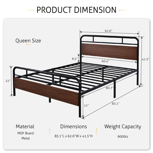 Metal Platform Bed Frame with Modern Wood Headboard, Round Framework Design