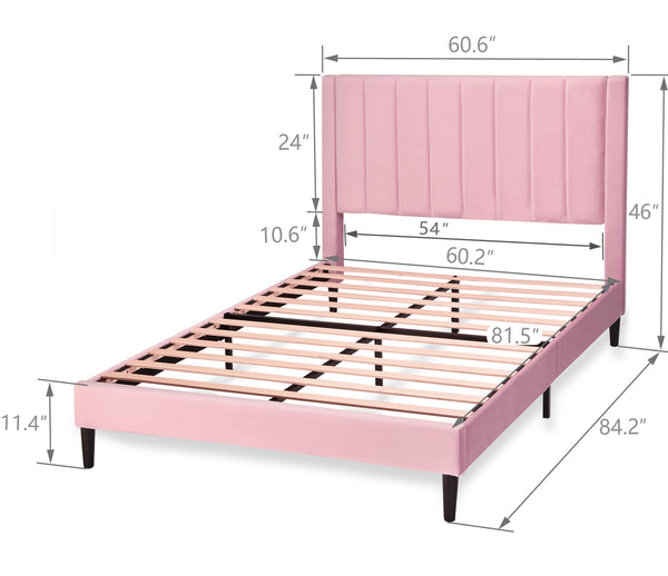 Velvet Bed Frame with Headboard, Strong Wood Slats Support