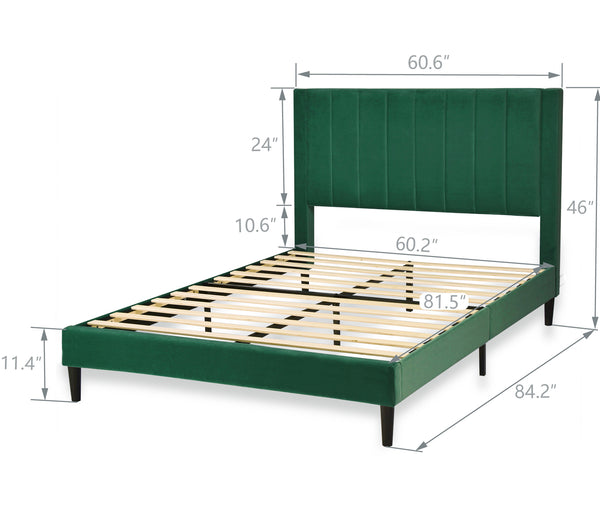 Velvet Bed Frame with Headboard, Strong Wood Slats Support