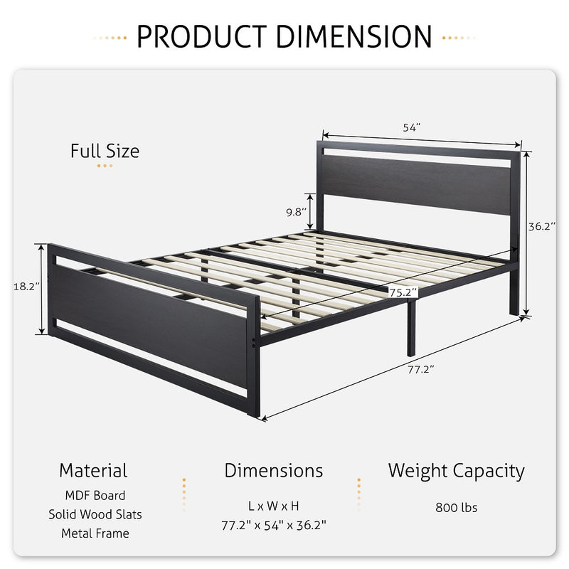 Metal Platform Bed with Modern Wooden Headboard & Footboard