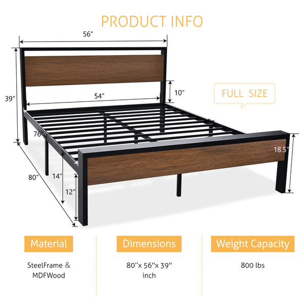 Metal Platform Bed Frame with Wooden Headboard and Footboard