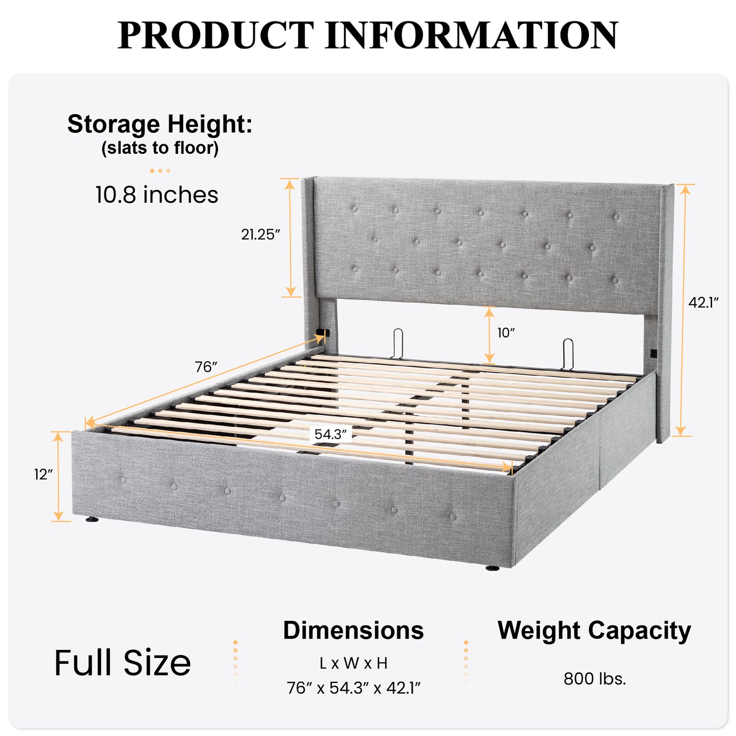 Upholstered Stoage Bed Frame with Lift Up Storage, Wingback Headboard Design