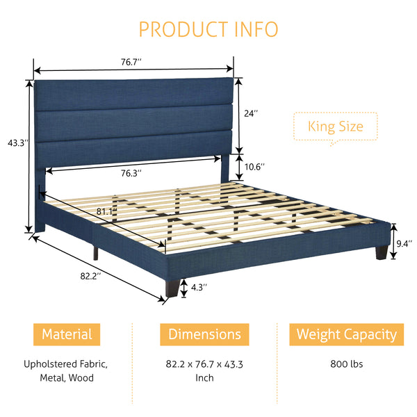 Upholstered Platform Bed Frame with Headboard and Wooden Slats