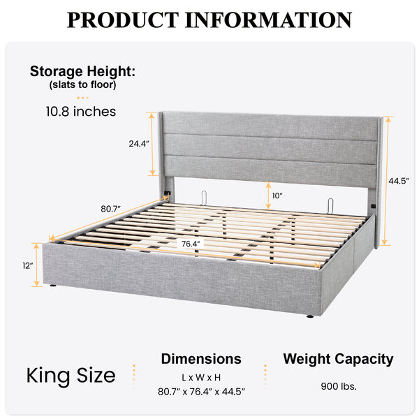 Upholstered Stoage Bed Frame with Lift Up Storage, Wingback Headboard Design