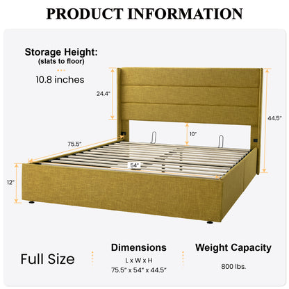 Upholstered Stoage Bed Frame with Lift Up Storage, Wingback Headboard Design