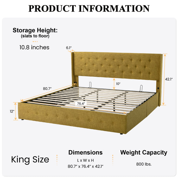 Upholstered Stoage Bed Frame with Lift Up Storage, Wingback Headboard Design