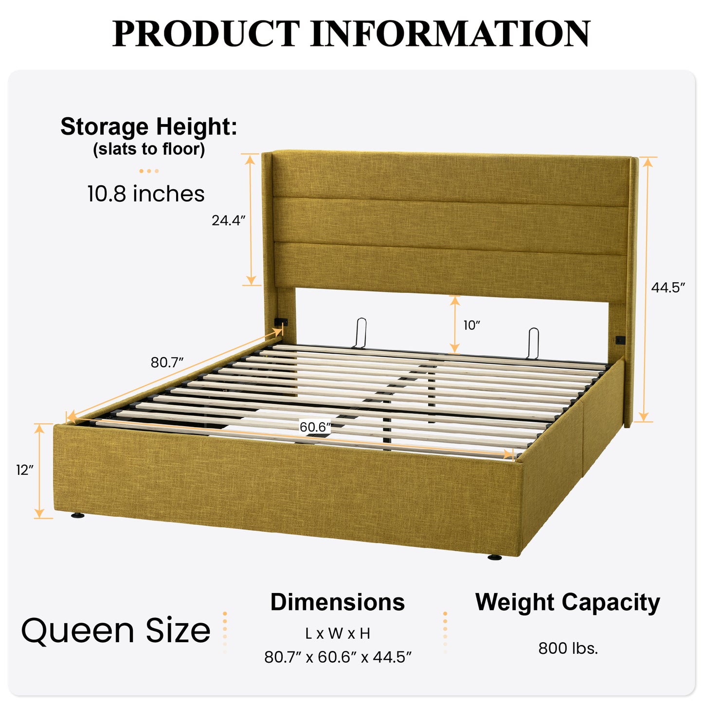 Upholstered Stoage Bed Frame with Lift Up Storage, Wingback Headboard Design