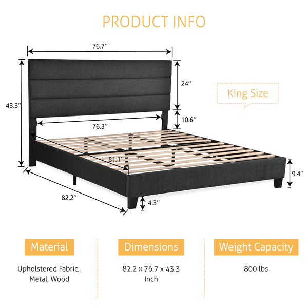 Upholstered Platform Bed Frame with Headboard and Wooden Slats