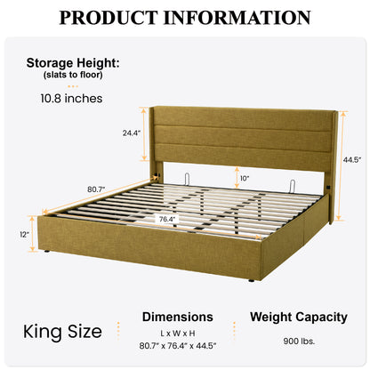 Upholstered Stoage Bed Frame with Lift Up Storage, Wingback Headboard Design