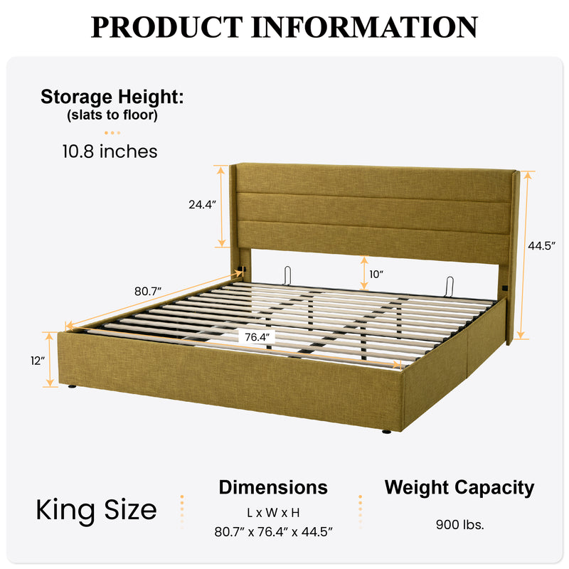 Upholstered Stoage Bed Frame with Lift Up Storage, Wingback Headboard Design