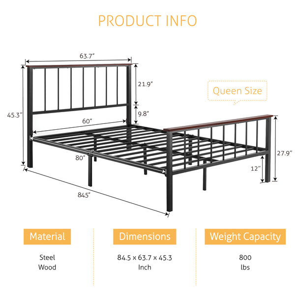 Metal Platform Bed Frame with Headboard, Heavy Duty, Mattress Foundation, Easy Assembly, Noise Free