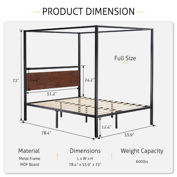 Canopy Bed with Wooden Headboard, Sturdy Posters, Noise Free, No Box Spring Needed