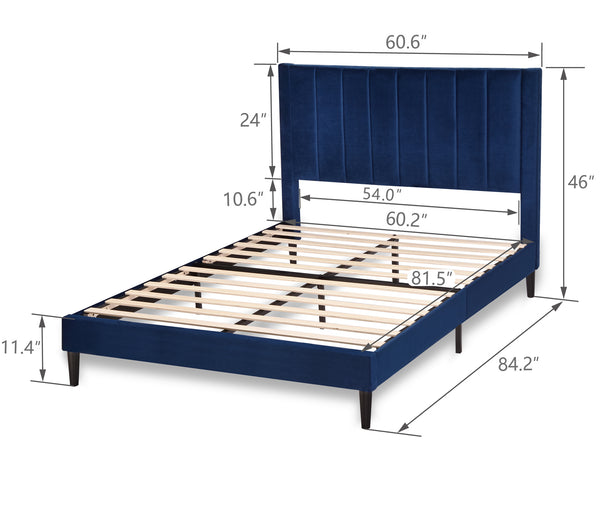 Velvet Bed Frame with Headboard, Strong Wood Slats Support