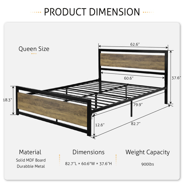 Metal Platform Bed with Modern Wooden Headboard & Footboard