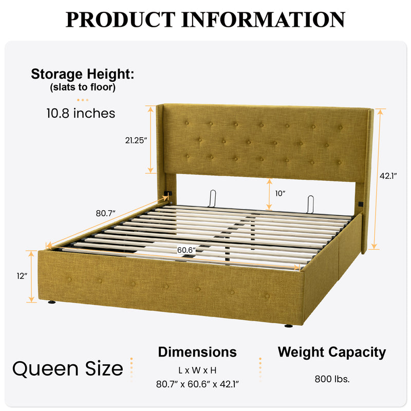 Upholstered Stoage Bed Frame with Lift Up Storage, Wingback Headboard Design