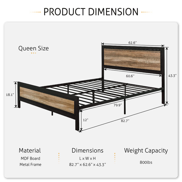 Metal Bed Frame with Rivet Wooden Headboard & Footboard