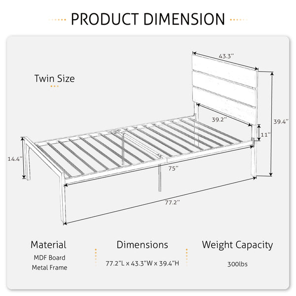 Platform Bed Frame with Wood headboard and Metal Slats / Rustic Country Style Mattress Foundation