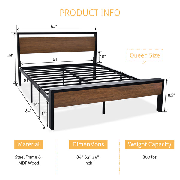 Metal Platform Bed Frame with Wooden Headboard and Footboard