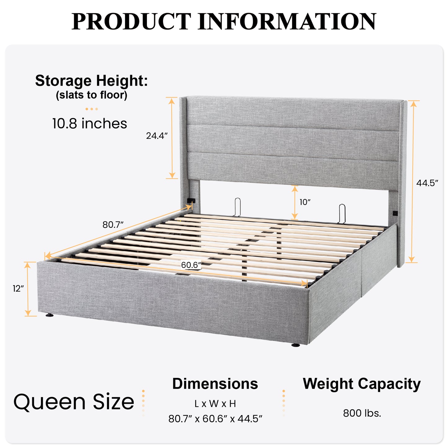 Upholstered Stoage Bed Frame with Lift Up Storage, Wingback Headboard Design