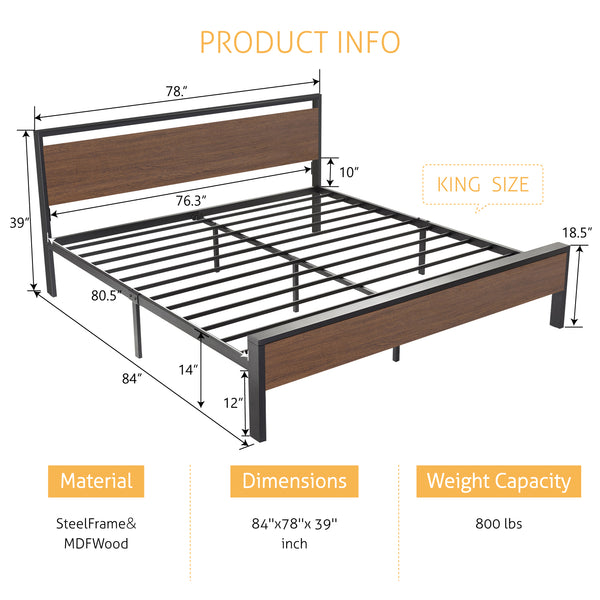 Metal Platform Bed Frame with Wooden Headboard and Footboard