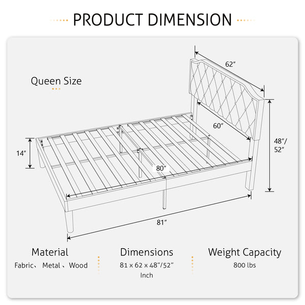 Upholstered Bed, Platform Bed with Curved Rhombic Button Tufted Headboard