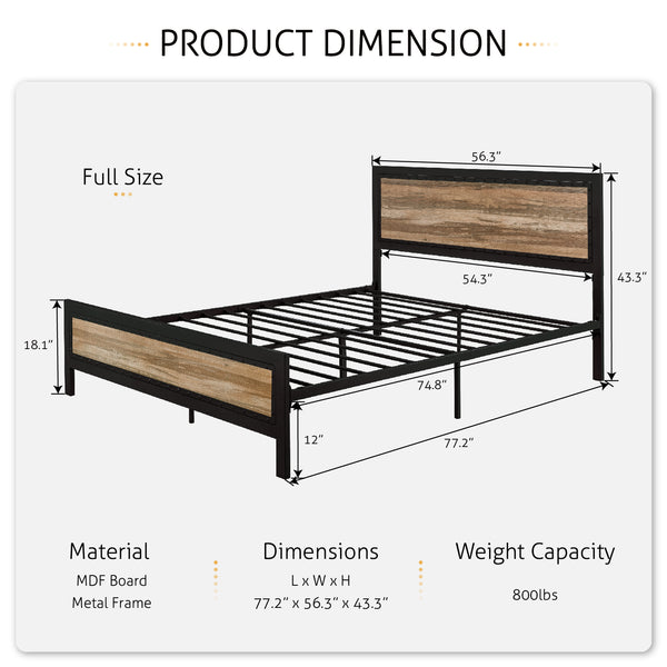 Metal Bed Frame with Rivet Wooden Headboard & Footboard