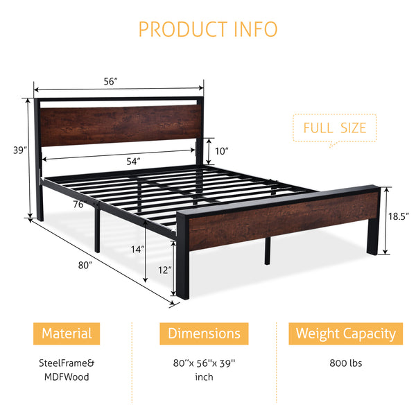 Metal Platform Bed Frame with Wooden Headboard and Footboard