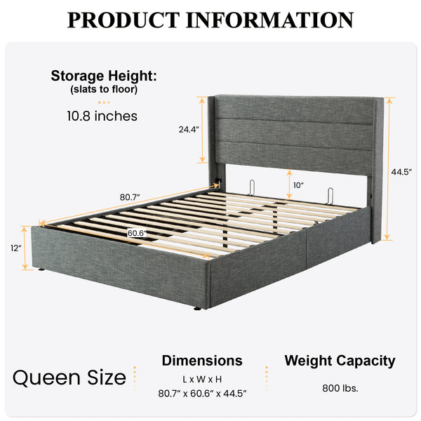 Upholstered Stoage Bed Frame with Lift Up Storage, Wingback Headboard Design