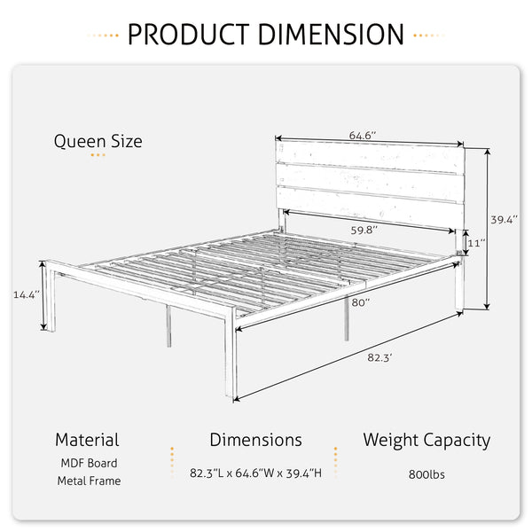 Platform Bed Frame with Wood headboard and Metal Slats / Rustic Country Style Mattress Foundation