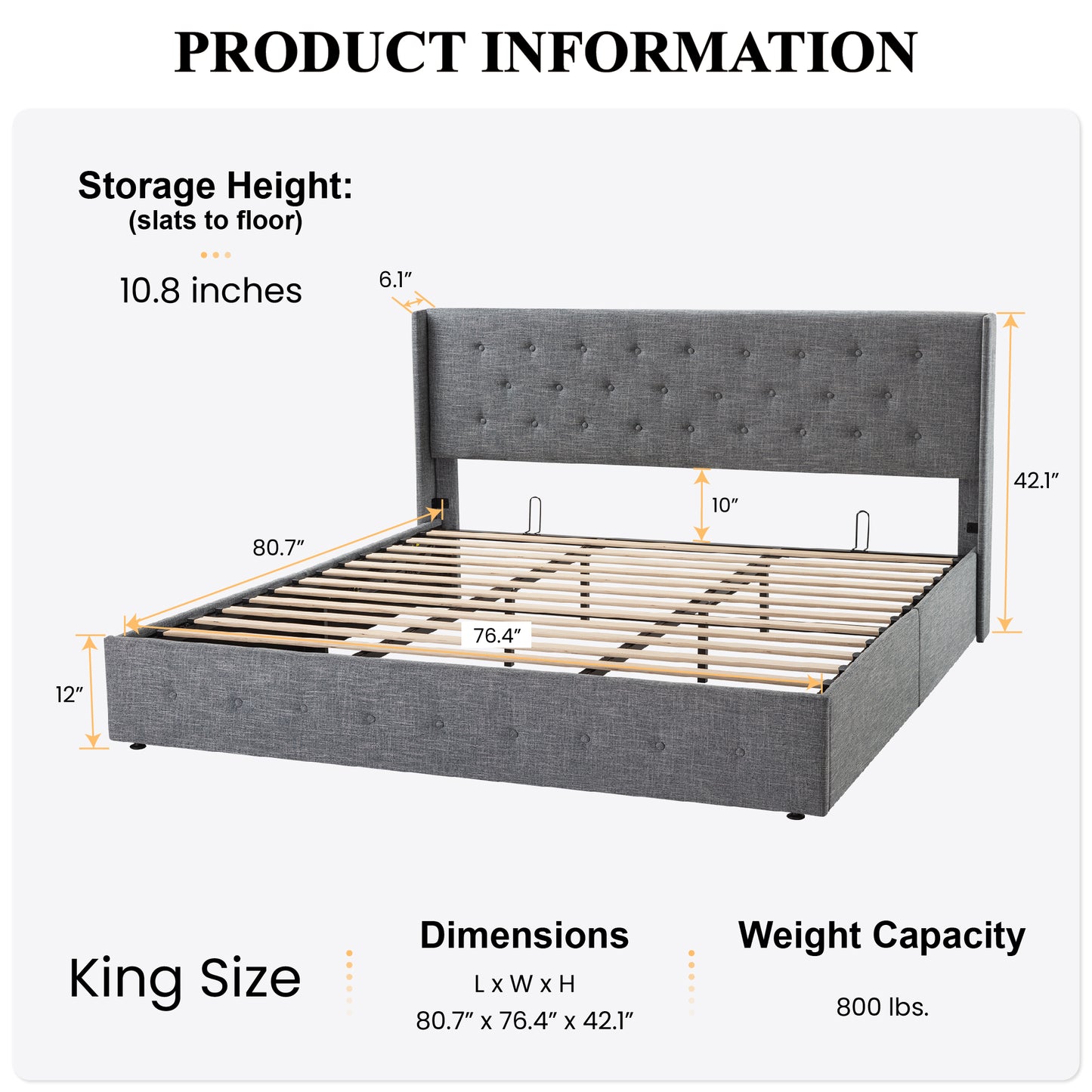 Upholstered Stoage Bed Frame with Lift Up Storage, Wingback Headboard Design