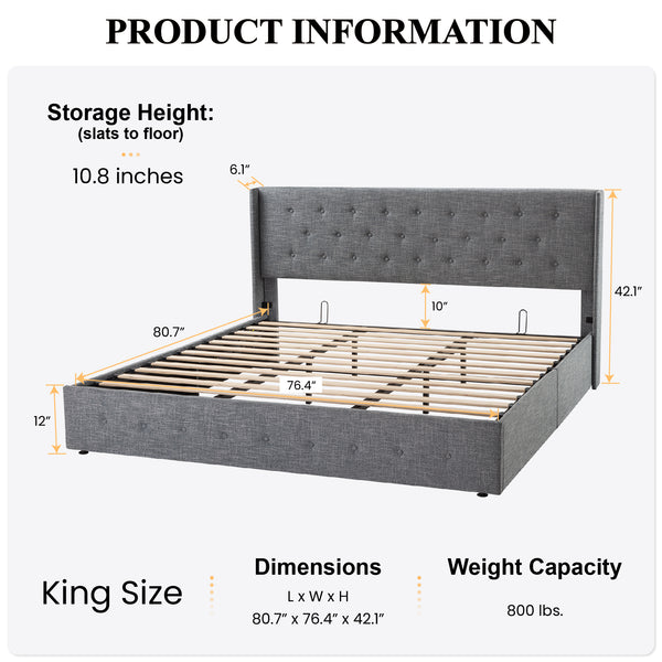 Upholstered Stoage Bed Frame with Lift Up Storage, Wingback Headboard Design