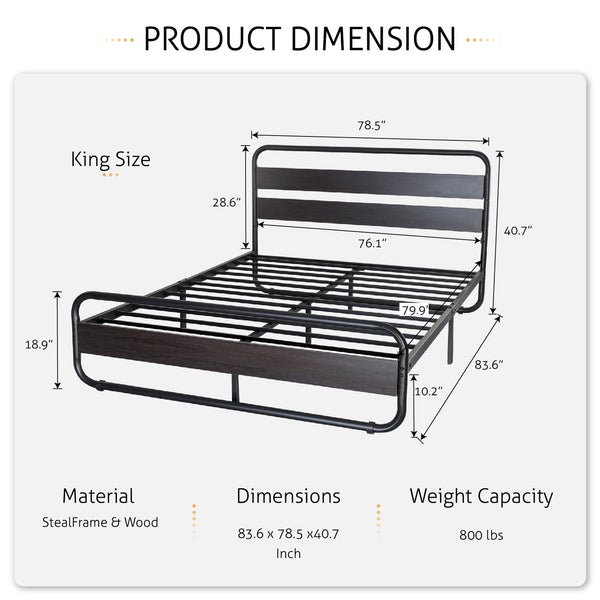 Metal Bed Frame with Wooden Headboard & Footboard,