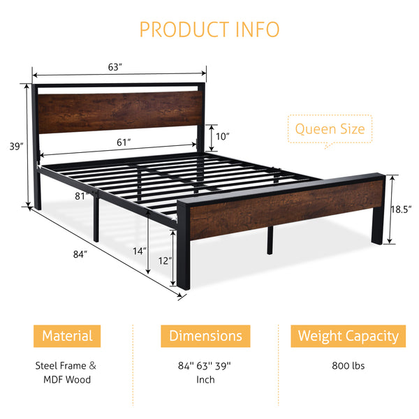 Metal Platform Bed Frame with Wooden Headboard and Footboard