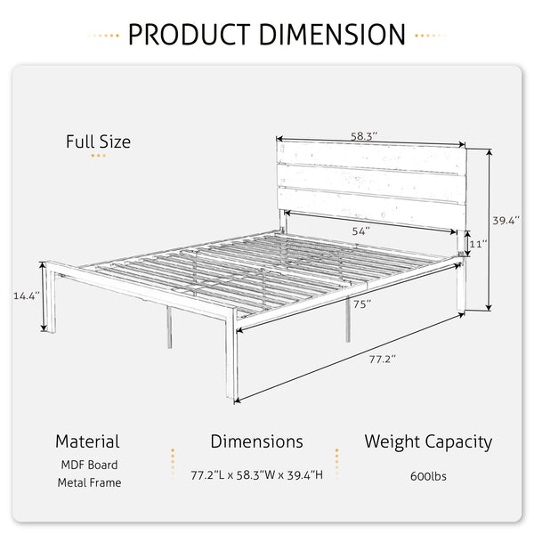 Platform Bed Frame with Wood headboard and Metal Slats / Rustic Country Style Mattress Foundation