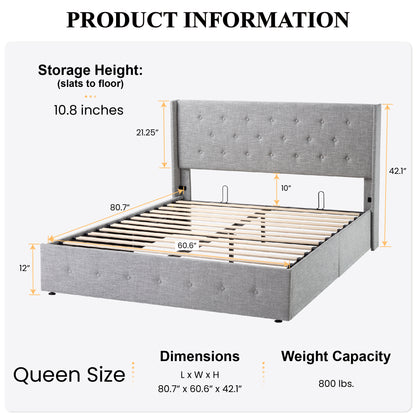 Upholstered Stoage Bed Frame with Lift Up Storage, Wingback Headboard Design