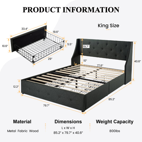 Upholstered Storage Bed with 4 Drawers and Wingback Headboard, Diamond Stitched Button Tufted