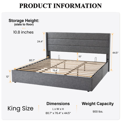 Upholstered Stoage Bed Frame with Lift Up Storage, Wingback Headboard Design