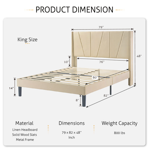 Upholstered Linen Platform Bed Frame with Geometric Wingback Headboard, Mattress Foundation