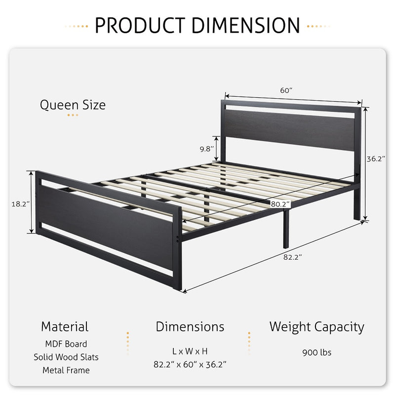 Metal Platform Bed with Modern Wooden Headboard & Footboard