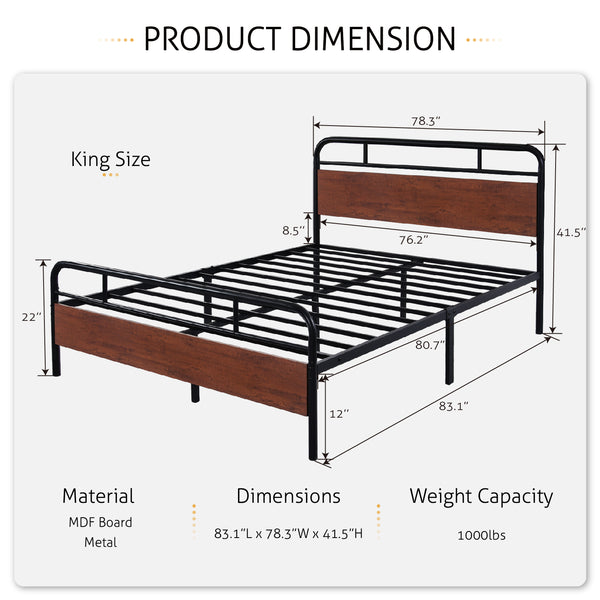 Metal Platform Bed Frame with Modern Wood Headboard, Round Framework Design