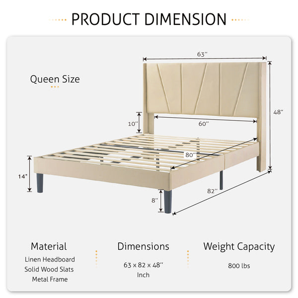 Upholstered Linen Platform Bed Frame with Geometric Wingback Headboard, Mattress Foundation