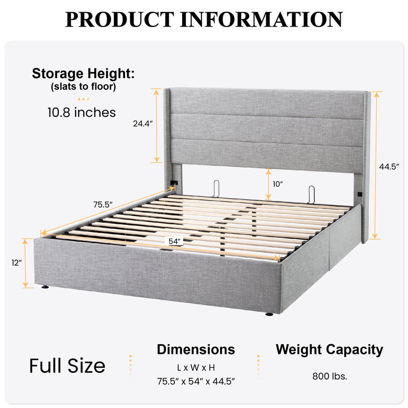 Upholstered Stoage Bed Frame with Lift Up Storage, Wingback Headboard Design