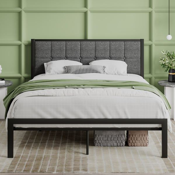 Platform Bed Frame with Upholstered Button Tufted Square Stitch Headboard